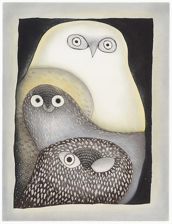 Ningeokuluk Teevee 'Owls in Moonlight' Etching & Aquatint 105.3 x 80